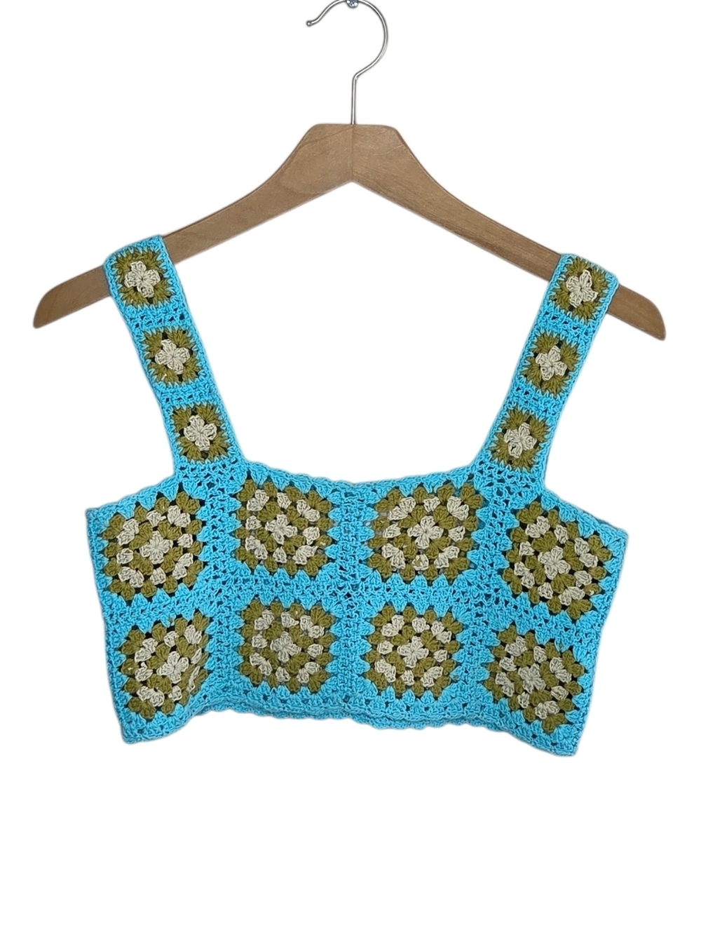 Ayoune Boho Granny Square Crochet Cropped Tank Top Size Small 100% Cotton